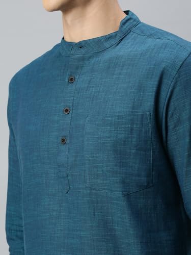 Image of KRYPTIC Men's Full Sleeve Regular Fit Short Kurta in Premium Pure Cotton with Patch Pocket and Mandarin Collar - Perfect Blend of Style and Comfort