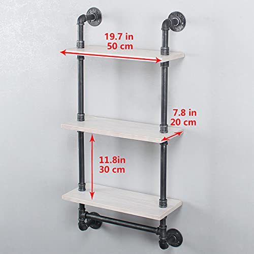 MBQQ Industrial Pipe Shelf Bathroom Shelves Wall Mounted,19.6in Rustic Wood Shelf with Towel Bar,3 Tier Farmhouse Towel Rack Over Toilet,Pipe Shelving Floating Shelves Towel Holder,Retro White