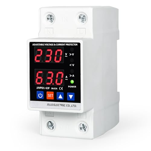 Jadeshay Protector de corriente de voltaje, pantalla dual digital 2P Protector de corriente de sobre/bajo voltaje Dispositivo protector de sobre y bajo voltaje ajustable inteligente AC230V 63A