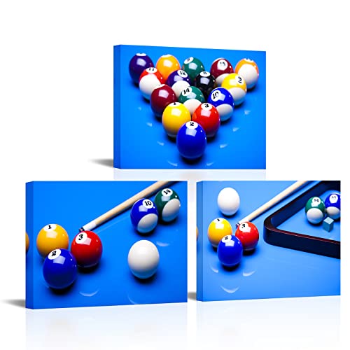 Lyerartork 3 Piece Sport Canvas Wall Art Billiard Balls In Blue Pool Table Pictures Snooker Wall Decoration Leisure Sports Theme Poster Prints For Game Room Playroom Decor 12X16Inch Each Panel #TOP9