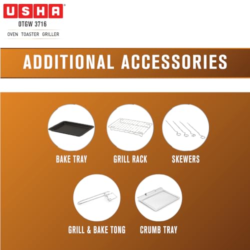 Image of USHA OTGW3716R 16L OTG with Rotisserie | Bake, Grill, Roast & Toast | Upper & Lower Heating | Adjustable Time & Temperature | Cool Touch Handle | 1200W | Black | 2 Year Warranty