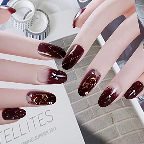 RikView Star Moon Luxury Rhinestones Oval Glossy Short Fake Nails Acrylic Nails Full Cover Press on Nails for Women and Girls 24PCS/Set