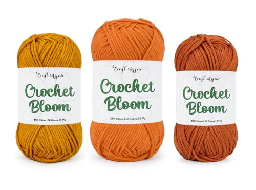 Image of Craft Affair | Crochet Bloom Cotton Yarn 8ply (Each Color 2mm, 77Meter, 50Gram) 100% Pure Cotton | for Knitting Yarn | Home Decor, Craft & DIY Project: Sand, Orange, Rust