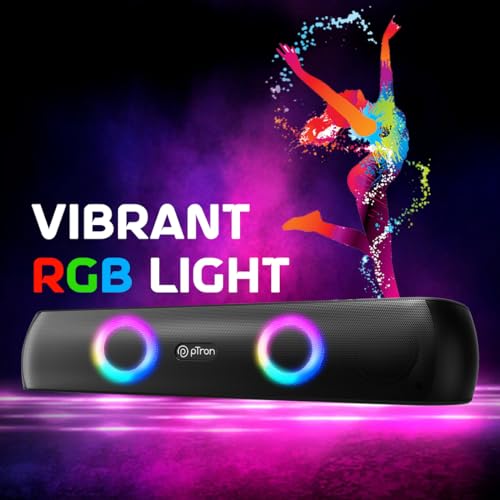 Image of pTron Fusion Beam V2 16W Bluetooth Soundbar Speaker, Stereo Sound, RGB Lights, Metal Grill, Soundbar for Phone /TV /Laptop /Tablets, BT5.3 /Aux /TF Card /USB Playback & TWS Feature (Midnight)