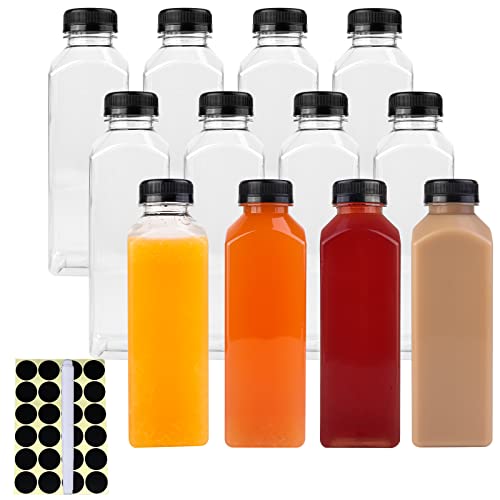 Happybase 16oz Plastic Juice Bottles, 12pcs 500ml Juice Bottles with Caps, Reusable Drink Containers with Black Lid, Clear Smoothie Bottles for Juice Milk Homemade Beverages (1 Pen, 24 Labels)