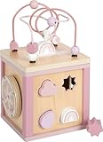 Des tons roses doux, des bords arrondis et un bois de haute qualité font du cube un jouet sûr et un atout décoratif dans la chambre d'enfant