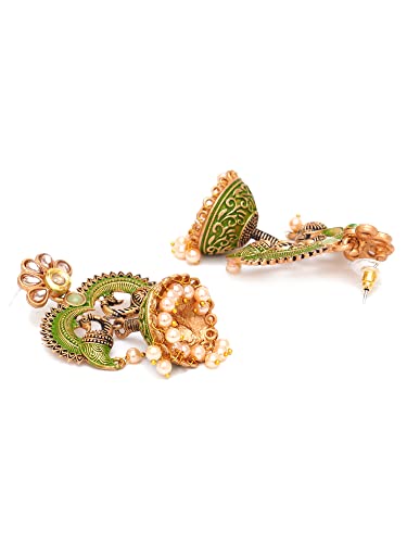 Karatcart Antique Gold Plated Light Green Designer Peacock Jhumki Earrings for Women - Image 6