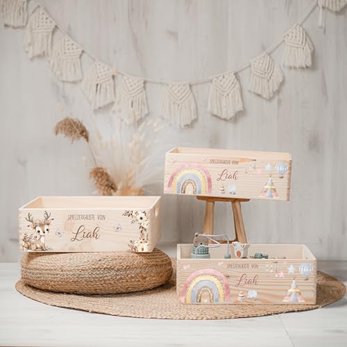 Kidsmood - Spielzeugkiste aus Holz mit Wunschnamen | Aufbewahrungsbox Kinder Spielzeug & Bücher | Praktische Holzkiste als Deko Kinderzimmer oder als Personalisierte Geschenke Baby zur Geburt & Taufe