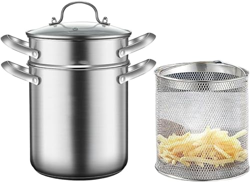 Spaghetti Pot, with Basket and Glass Lid - 304 Stainless Steel Asparagus Steamer Pot for Home Kitchen, High Oil Deep Fry Pan Pasta Cooker Pot