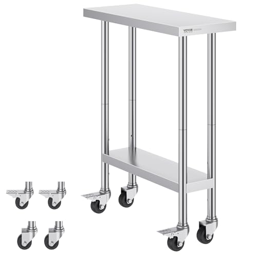 Image of VEVOR Stainless Steel Work Table 30 x 12 x 38 Inch, with 4 Wheels, 3 Adjustable Height Levels, Heavy Duty Food Prep Worktable for Commercial Kitchen Restaurant, Silver
