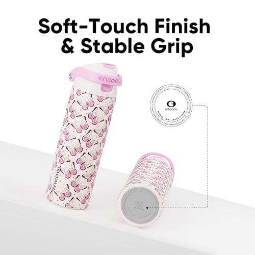 Image of ENCOOL Leakproof Insulated Water Bottle with Straw Dual-Sip Water Bottle Bag-Safe Design for Work, Commute & Gym - Keeps Drinks Cold All Day, 24 oz, Blush Butterfly