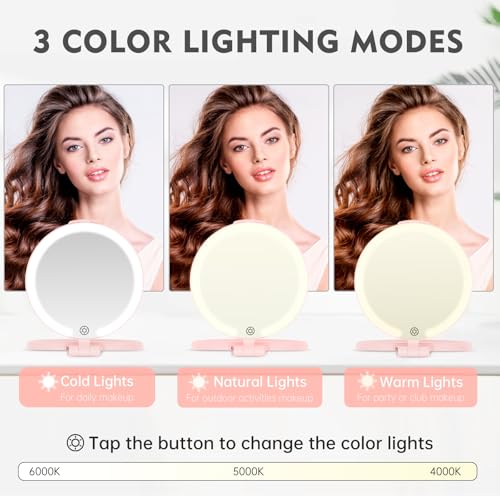 Espejo de viaje con luz, doble cara 10X, recargable rosa miniatura 5