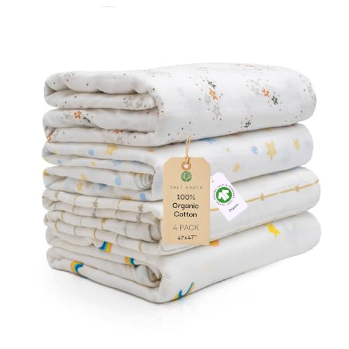 Image of Salt Earth 100% Organic Cotton GOTS Certified 2-Layered Swaddle Baby Blanket, 4 Pack,47 inchx47 inch Receiving Blankets for Swaddling,Wrap for Boy & Girl, Newborn Baby Essentials, Registry (Star & Rainbow)