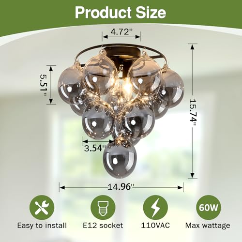 Image of Modern Sputnik Ceiling Light Fixture 2 Light Flush Mount Chandelier with 11 Glass Globe Black Dining Room Light Fixture for Living Room Master Bedroom Kitchen Farmhouse
