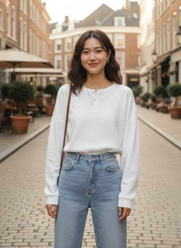 Image of Zilcon Full Sleeve Waffle (Wool) Oversized Tshirt for Women, Button Down Neck Longline Drop Shoulder Sweatshirt for Women