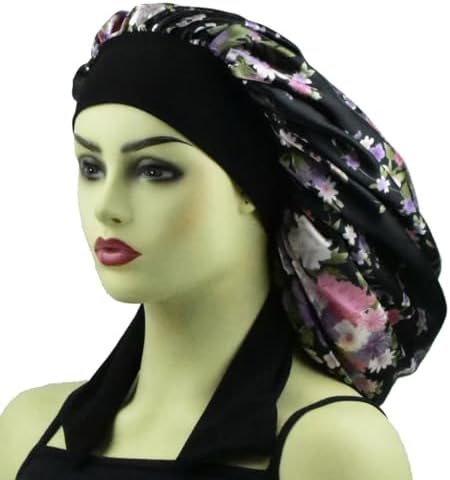 Satin Bonnets for Braids Long Hair Cover Women Silk Hair Bonnet Sleeping Night Caps XL Large Girls Satin Sleep Cap with Tie (Black Floral)