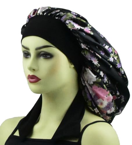 Satin Bonnets for Braids Long Hair Cover Women Silk Hair Bonnet Sleeping Night Caps XL Large Girls Satin Sleep Cap with Tie (Black Floral)
