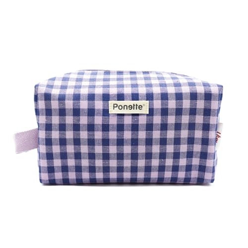 PONETTE - Neceser Mujer Vive Grande de Tejido con Estampado de Cuadros Vichy en Marino y Rosa con Asa Lateral y Forro Rosa, Ideal, Viaje, Piscina, Gimnasio, Estuche, Bolsa de Aseo, Marca Española