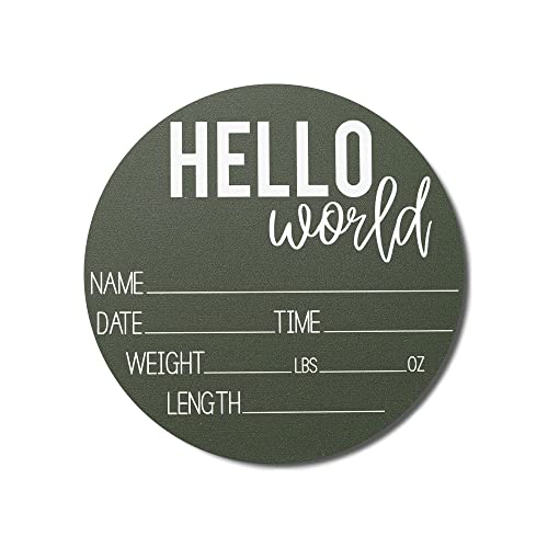 Image of Hickory Hollow Designs - Baby Announcement Sign for Newborn Boys and Girls (Color Bases) - Hello World Nursery Decor Sign & Photo Prop for Babies Made of Birch Wood - 6" Circle Board (Green)