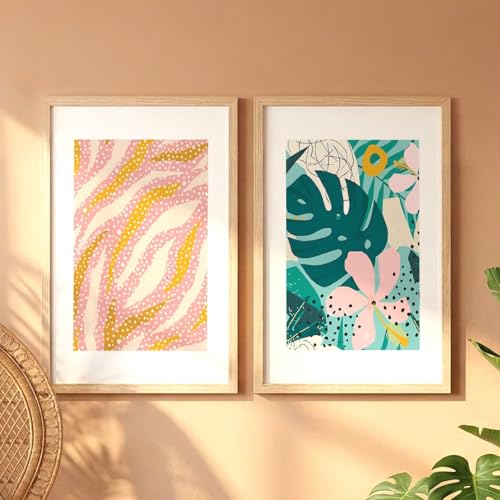 Image of NoWorries Pestal color minimal art Wall decor framed Paintings for Wall decoration /Wooden Wall decor for living room, Bedroom Area - Minimalist frames for Home /Cafe - Wall paintings for living room (Theme - floral art) (Synthetic Wood frame) (Leminated 300 GSM Print) (framed, Multicolur) Set of 2
