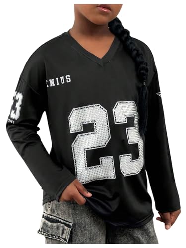 WDIRARA Girl's Number Graphic Jersey Shirts Rhinestone T-Shirt V Neck Long Sleeve Tees