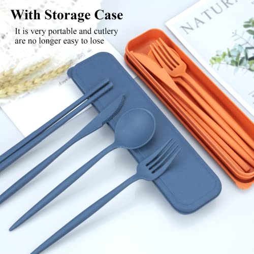 DISSKNIC Reusable Travel Utensils with Case, 4 Sets Wheat Straw Portable Cutlery Set Chopsticks Knives Fork and Spoon for Lunch Box Accessories, Camping Flatware Sets for Daily Use or Outdoor
