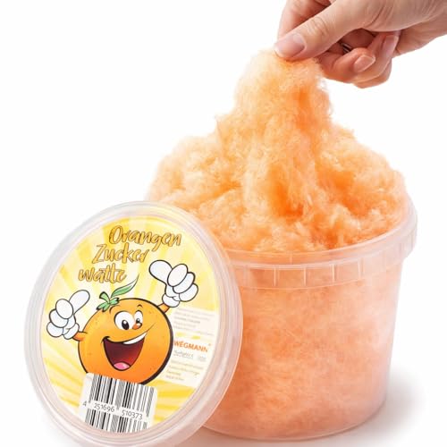 Zuckerwatte Orange im Eimer Jahrmarkt-Feeling für Zuhause | Perfekt für Kindergeburtstag & Party | Luftig & Fruchtig | 50 g Premium Zuckerwatte von Wegmann