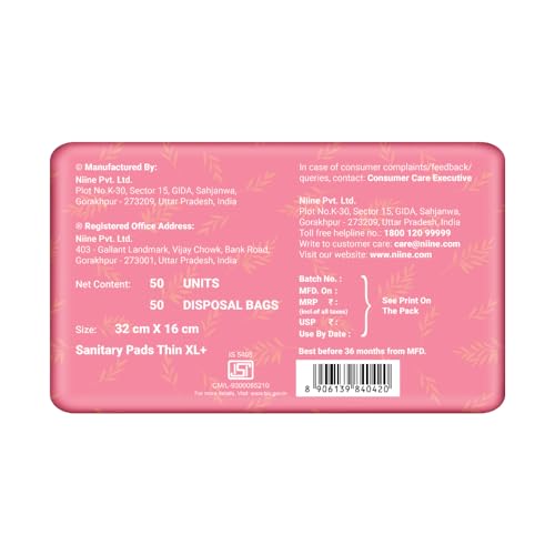 Image of NIINE Naturally Soft Ultra Thin XL+ Sanitary Napkins |320mm Long|Cottony Soft Control Rashes|Long Lasting protection |Suitable for Heavy Flow with Free Biodegradable Disposal Bags (Pack of 1) 50 Pads