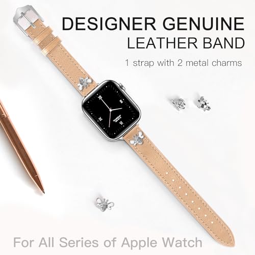 Image of JR.DM Slim Leather Bands Compatible with Apple Watch Band 38mm 40mm 41mm 42mm 44mm 45mm 46mm 49mm, Genuine Leather Band with Charms, Feminine Design for Iwatch Ultra SE Series 11 10 9 8 7 6 5 4 3 2 1