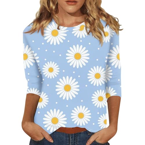 HTHLVMD Womens 3/4 Length Sleeve Tops 2025 Fall Fashion Floral Print Crewneck Causal Trendy Tunic Tops for Women