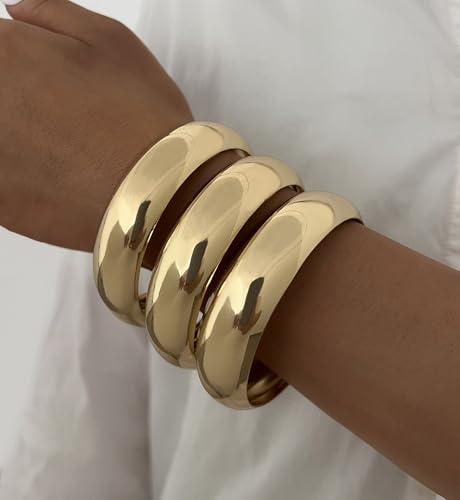 Image of Chunky Gold Bangle Bracelets for Women, Dainty 14k Gold Plated Big Stackable Bangles Set, Trendy Statement Cuff Bracelet Stack Fashion Jewelry Gifts