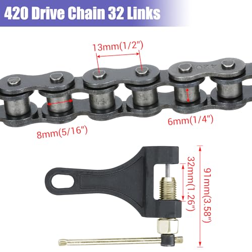 Image of 420 Chain 32 Links Replacement for Coleman KT196 CK196 Go Kart Parts Predator 196cc 6.5hp Engine Powersports 4 Wheeler Quad Go Kart Accessories Parts with 420 Chain Master Link Chain Breaker
