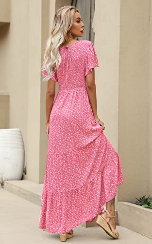 Image of Kranda Women 2025 Summer Fall Crewneck Short Sleeve Smocked Floral Maxi Dress