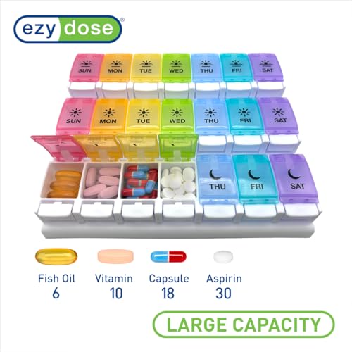 EZY DOSE Weekly (7-Day) Pill Case, Daily Medicine Planner, Vitamin Organizer Container, Large Push Button Compartments, Easy to Use, 3 Times a Day, Spring Open Design, Rainbow Lids, BPA Free - Image 3