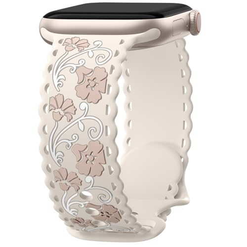 SNBLK Floral Silicone Band Compatible with Apple Watch Bands for Women 40mm 41mm 42mm 44mm 45mm 46mm 49mm 38mm, Cute Casting Flower Strap for iWatch Series 11 10 9 8 7 6 5 4 3 2 1 SE Ultra,
