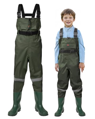 HISEA Kids Chest Waders Nylon/PVC Youth Fishing Waders for Toddler & Children Waterproof Hunting Waders with Boots & Reflect Safety Band