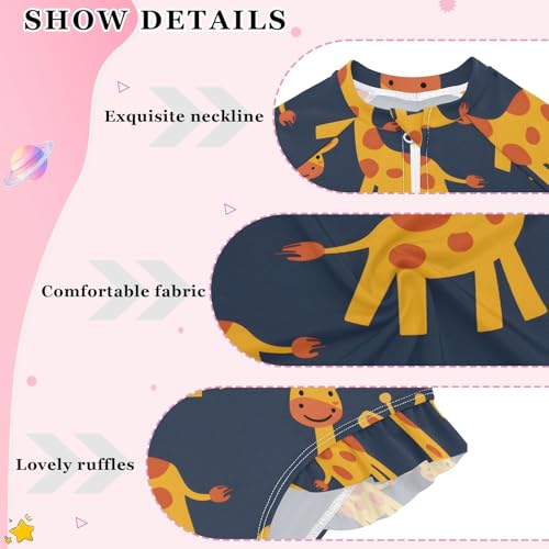 Cartoon Giraffe Girls Long Sleeve Swimsuit Rash Guard One Piece Bathing Suits Zipper 3-12T4