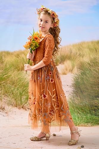 VEYOLOB Flower Girl Dress A-Line Floral Embroidered Tulle Lace Long Sleeve Dresses for Wedding Garden Birthday Party4