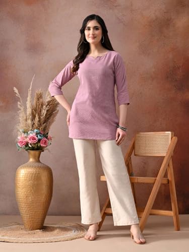 Image of Amazon Brand - Tavasya Women Pure Cotton Katha Plain Short Regular Fit Kurti |Short Top| Solid Casual Tunic