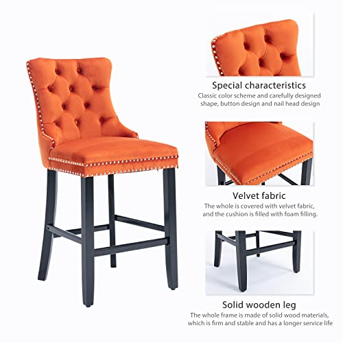 Virabit Velvet Counter Height Bar Stools Set Of 4, 27" Padded Bar Stool With Button And Nailhead Decoration, Bar Stool With Back And Wooden Legs(Orange) #TOP3