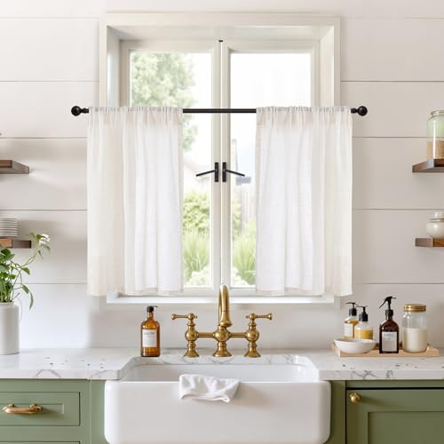 Image of BGment Linen Cafe Curtains, 30 Inch Long Drapes for Small Kitchen Window | Semi Sheer Lightweight Rustic Country for Window Over Sink Decor with Rod Pocket, 2 Panels, 24 X 30 Inch