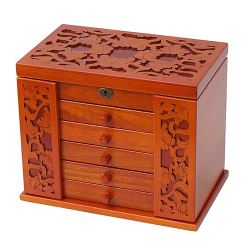YFSMBD Joyeros Mujer Organizador Madera, Caja de Joyas, Navidad, Caja Joyero 6 Niveles, con 5 Cajones, Espejo & Cerradura, para Gafas de Sol, Joyas Grandes, Regalos Originales para Mujer (Cherry)