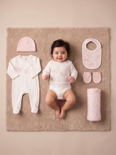 Image of 6 Pcs Clothing Gift Set with Box, 100% Cotton Soft & Breathable 6-Piece Layette Set with Bodysuit, Romper, Bib, Cap, Mittens & Swaddle, 0-12 Months, All-Season Wear