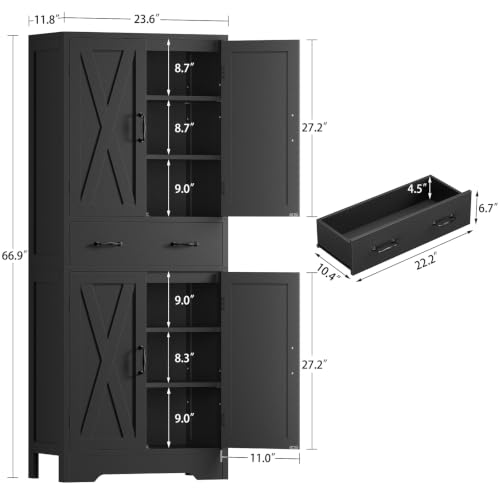 Image of TEENFON Tall Storage Cabinet with 2 Adjustable Shelves & 1 Large Drawer, Kitchen Pantry Cabinet with 4 Doors, Bathroom Storage Cabinets, for Living Room, Kitchen, Bathroom, Black