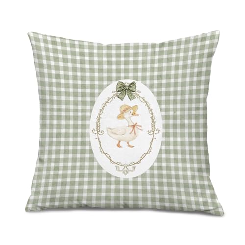 Qykwz Vintage Green Gingham Goose Pillow Covers 18x18, Goose Nursery Decor, Girly Green Bow Geese Checkered Decorative Throw Pillow Covers for Baby...