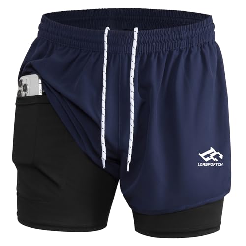 LORSPORTCH Pantalones Cortos de Running 2 en 1 para Hombre Pantalones Cortos de Fitness para Hombre Pantalones Cortos de Entrenamiento para maratón al Aire Libre para Hombre Azul Marino L