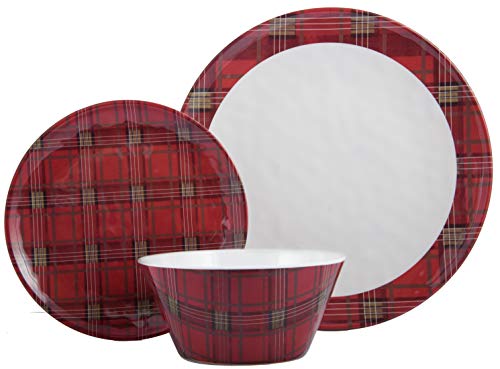Melange 12-Piece 100% Dinnerware Set for 4 Christmas Collection-Red Plaid Shatter-Proof and Chip-Resistant
