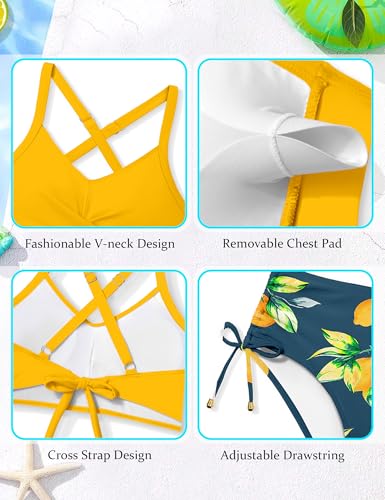 Image of Teen Girls Swimsuits V-Neck Bikini Set Bathing Suits Cross Straps Two Piece Swimwear with Drawstring