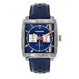 RADIANT - Reloj Analógico Multifuncional de Cuarzo para Hombre, Acero Inoxidable, Caja de 46,5 mm, Correa de Cuero Azul, Hebilla Normal, Pila Incluida, Color Azul y Plateado, 5 ATM
