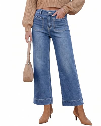 GRAPENT Wide Leg Jeans for Women Cropped High Waisted Trendy Patch Pocket Baggy Loose Straight Leg Stretchy Denim Pants - image 1
